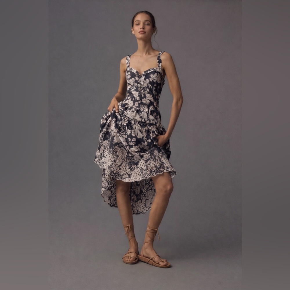 Anthropologie Black and Cream Floral Midi Dress - Picture 2 of 8